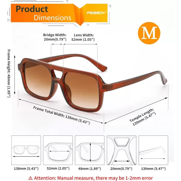 FEISEDY Retro 70s Aviator Sunglasses for Women Men Trendy Flat Square Frame UV400 Sunglasses B0174007 Transparent Tea
