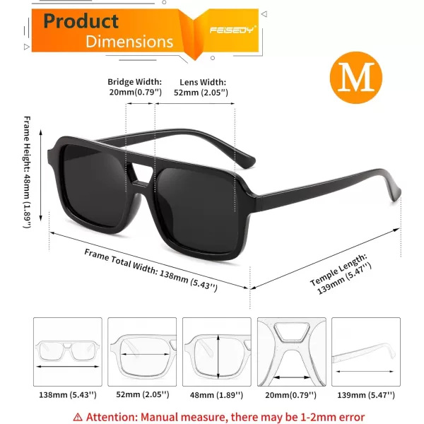 FEISEDY Retro 70s Aviator Sunglasses for Women Men Trendy Flat Square Frame UV400 Sunglasses B0174008 Black  Grey