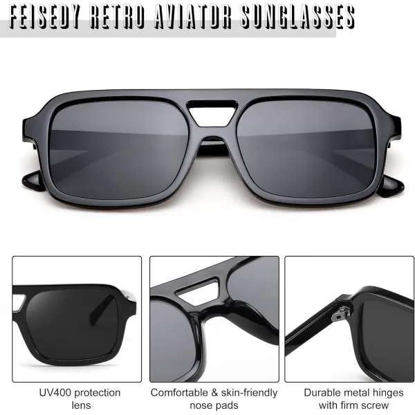 FEISEDY Retro 70s Aviator Sunglasses for Women Men Trendy Flat Square Frame UV400 Sunglasses B0174008 Black  Grey