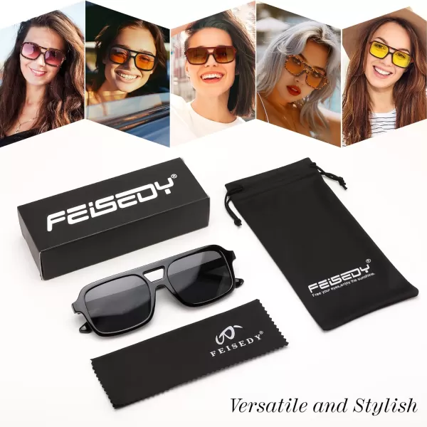 FEISEDY Retro 70s Aviator Sunglasses for Women Men Trendy Flat Square Frame UV400 Sunglasses B0174008 Black  Grey