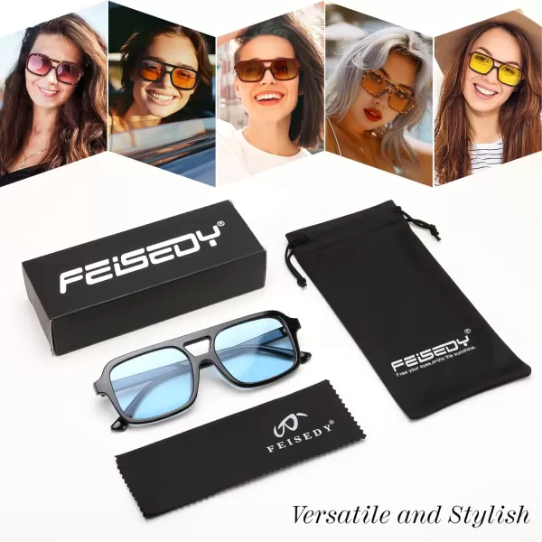 FEISEDY Retro 70s Aviator Sunglasses for Women Men Trendy Flat Square Frame UV400 Sunglasses B0174009 Black  Blue