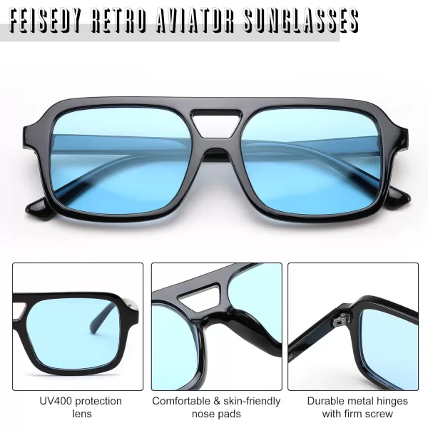 FEISEDY Retro 70s Aviator Sunglasses for Women Men Trendy Flat Square Frame UV400 Sunglasses B0174009 Black  Blue