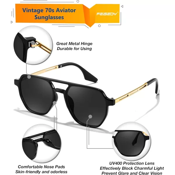 FEISEDY Retro 70s Aviator Sunglasses for Women Men Vintage Square Trendy Oversized Shades UV400 B0145Black