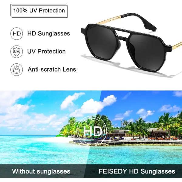 FEISEDY Retro 70s Aviator Sunglasses for Women Men Vintage Square Trendy Oversized Shades UV400 B0145Black