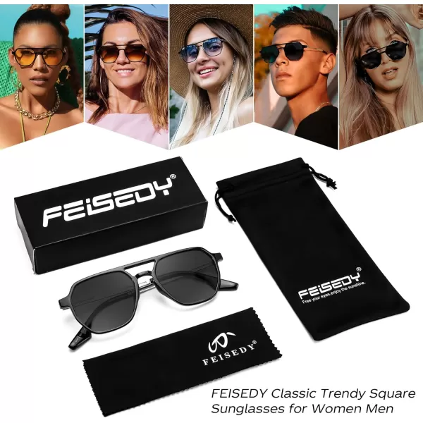 FEISEDY Retro 70s Aviator Sunglasses for Women Men Vintage Square Trendy Oversized Shades UV400 B0145Black