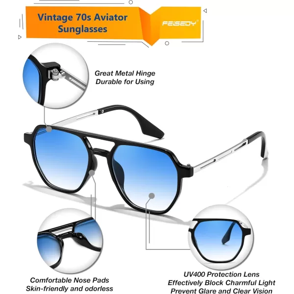 FEISEDY Retro 70s Aviator Sunglasses for Women Men Vintage Square Trendy Oversized Shades UV400 B0145Gradual Blue