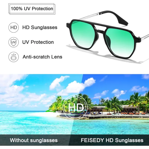 FEISEDY Retro 70s Aviator Sunglasses for Women Men Vintage Square Trendy Oversized Shades UV400 B0145Gradual Green