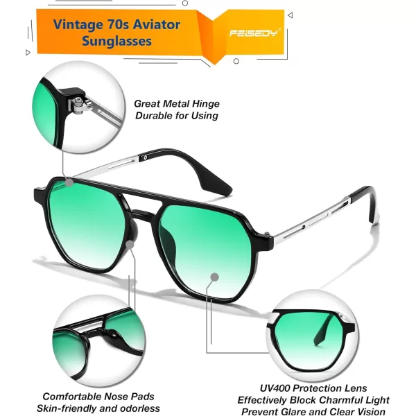 FEISEDY Retro 70s Aviator Sunglasses for Women Men Vintage Square Trendy Oversized Shades UV400 B0145Gradual Green