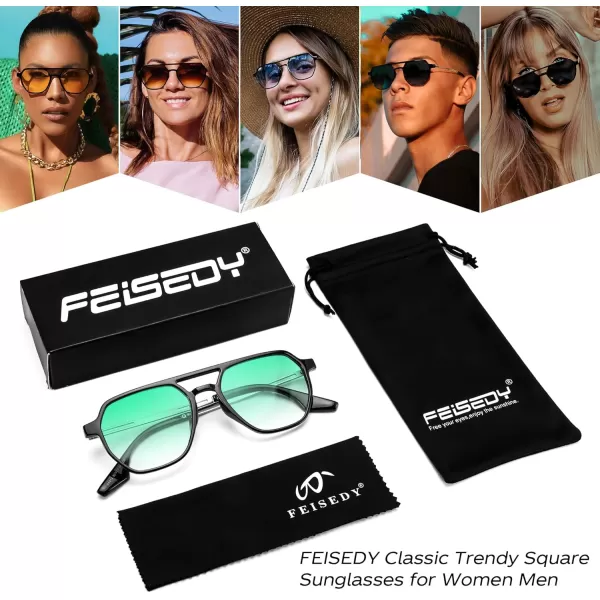 FEISEDY Retro 70s Aviator Sunglasses for Women Men Vintage Square Trendy Oversized Shades UV400 B0145Gradual Green