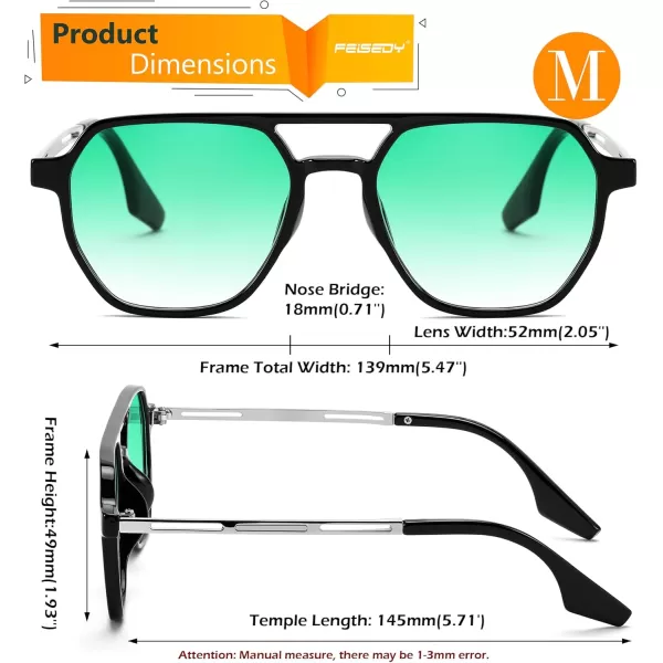 FEISEDY Retro 70s Aviator Sunglasses for Women Men Vintage Square Trendy Oversized Shades UV400 B0145Gradual Green