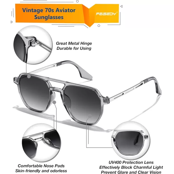 FEISEDY Retro 70s Aviator Sunglasses for Women Men Vintage Square Trendy Oversized Shades UV400 B0145Gradual Grey