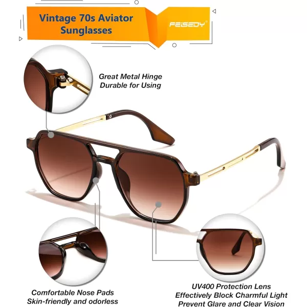 FEISEDY Retro 70s Aviator Sunglasses for Women Men Vintage Square Trendy Oversized Shades UV400 B0145Gradual Tea
