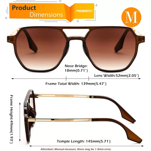 FEISEDY Retro 70s Aviator Sunglasses for Women Men Vintage Square Trendy Oversized Shades UV400 B0145Gradual Tea