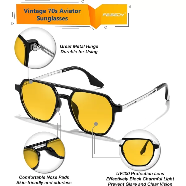 FEISEDY Retro 70s Aviator Sunglasses for Women Men Vintage Square Trendy Oversized Shades UV400 B0145Yellow