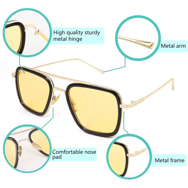FEISEDY Retro 70s Pilot Sunglasses Tony Sunglasses Trendy Women Square Sun Glasses B2510Black Frame Yellow Lens