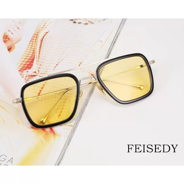 FEISEDY Retro 70s Pilot Sunglasses Tony Sunglasses Trendy Women Square Sun Glasses B2510Black Frame Yellow Lens