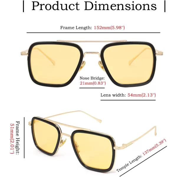 FEISEDY Retro 70s Pilot Sunglasses Tony Sunglasses Trendy Women Square Sun Glasses B2510Black Frame Yellow Lens
