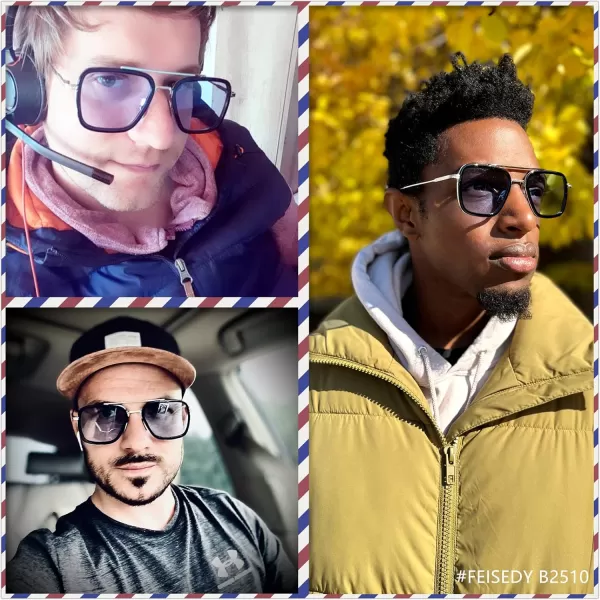 FEISEDY Retro 70s Pilot Sunglasses Tony Sunglasses Trendy Women Square Sun Glasses B2510BlackSilver Frame Light Gradient Lens Tony Stark Color