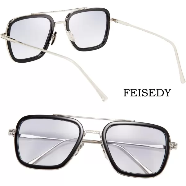 FEISEDY Retro 70s Pilot Sunglasses Tony Sunglasses Trendy Women Square Sun Glasses B2510BlackSilver Frame Light Gradient Lens Tony Stark Color