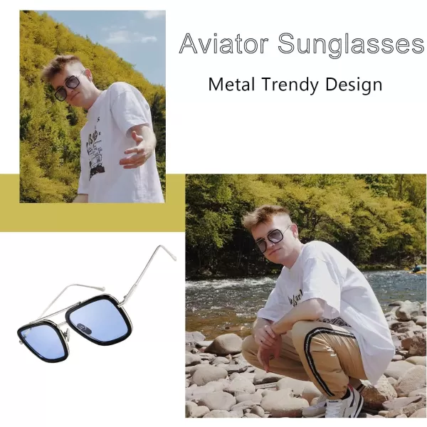 FEISEDY Retro 70s Pilot Sunglasses Tony Sunglasses Trendy Women Square Sun Glasses B2510BlackSilver Frame Light Gradient Lens Tony Stark Color