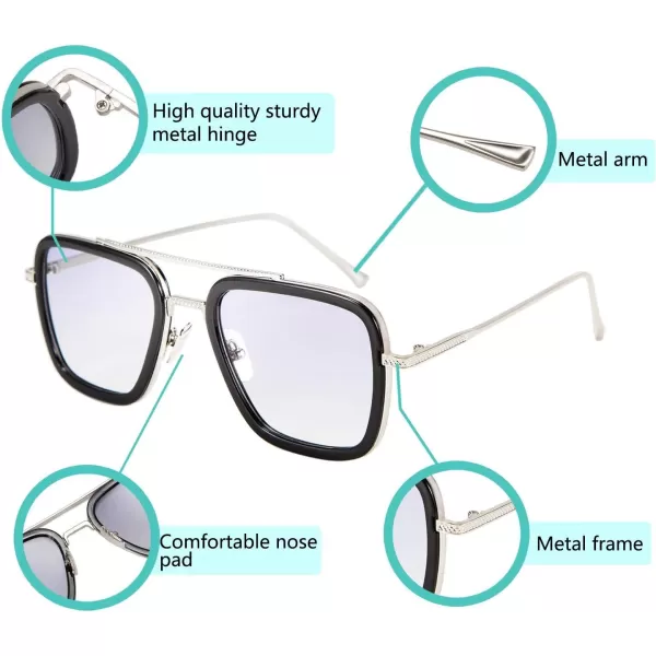 FEISEDY Retro 70s Pilot Sunglasses Tony Sunglasses Trendy Women Square Sun Glasses B2510BlackSilver Frame Light Gradient Lens Tony Stark Color