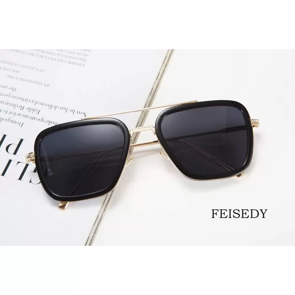FEISEDY Retro 70s Pilot Sunglasses Tony Sunglasses Trendy Women Square Sun Glasses B2510Blackgold
