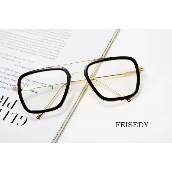 FEISEDY Retro 70s Pilot Sunglasses Tony Sunglasses Trendy Women Square Sun Glasses B2510Blackgoldclear
