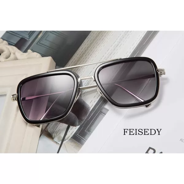FEISEDY Retro 70s Pilot Sunglasses Tony Sunglasses Trendy Women Square Sun Glasses B2510Blacksilver Frame Gradient Lens