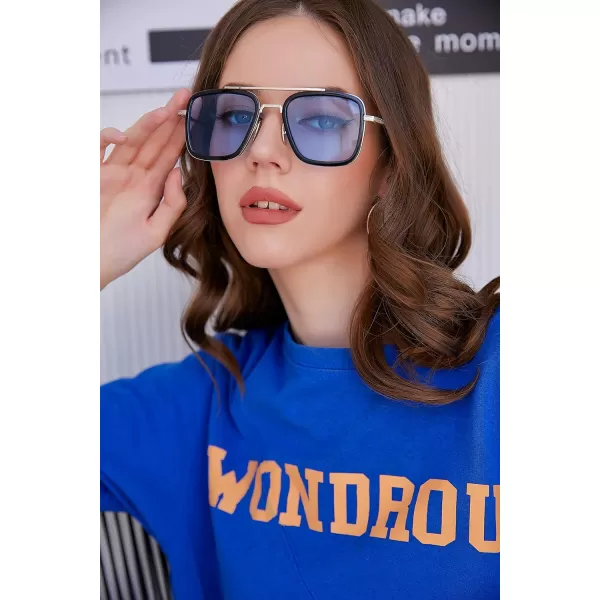 FEISEDY Retro 70s Pilot Sunglasses Tony Sunglasses Trendy Women Square Sun Glasses B2510Blue Edith