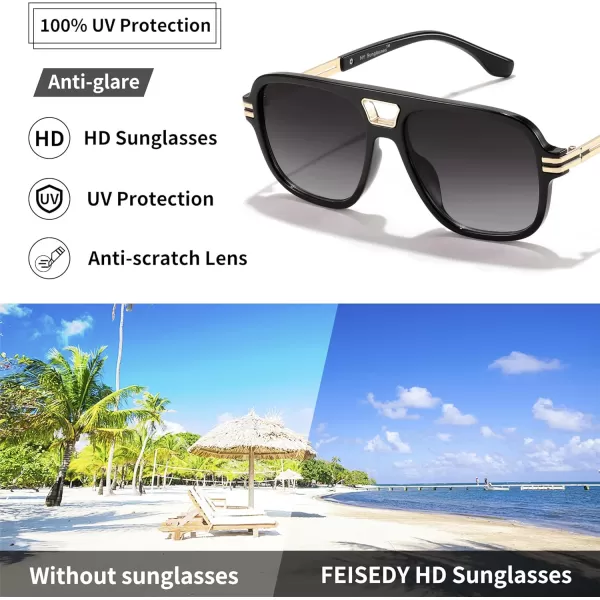 FEISEDY Retro Aviator Sunglasses for Women Men Vintage Trendy Oversized Square Shades UV400 B0106Black Frame  Gradual Grey Lens