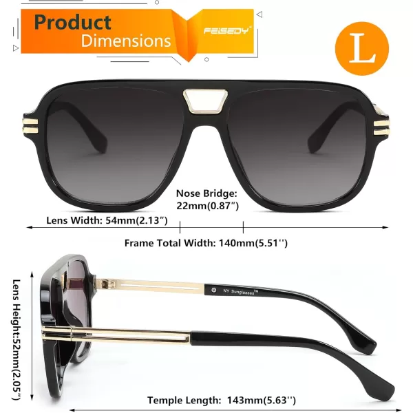 FEISEDY Retro Aviator Sunglasses for Women Men Vintage Trendy Oversized Square Shades UV400 B0106Black Frame  Gradual Grey Lens