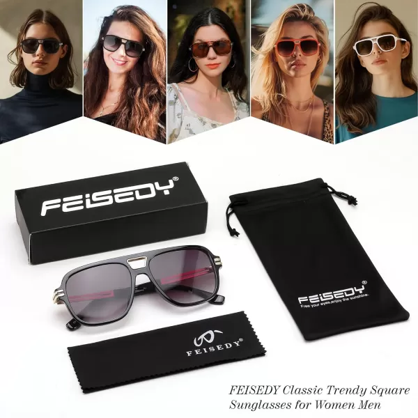 FEISEDY Retro Aviator Sunglasses for Women Men Vintage Trendy Oversized Square Shades UV400 B0106Black Frame  Gradual Grey Lens
