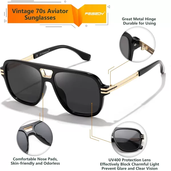FEISEDY Retro Aviator Sunglasses for Women Men Vintage Trendy Oversized Square Shades UV400 B0106Black Frame  Grey Lens