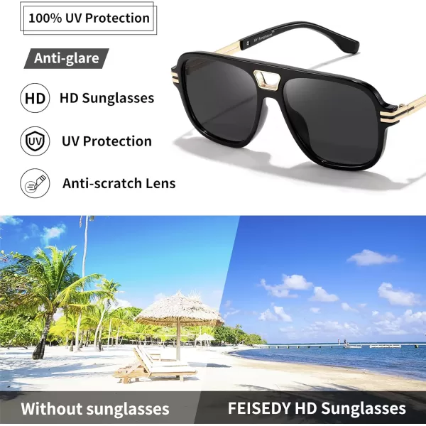FEISEDY Retro Aviator Sunglasses for Women Men Vintage Trendy Oversized Square Shades UV400 B0106Black Frame  Grey Lens