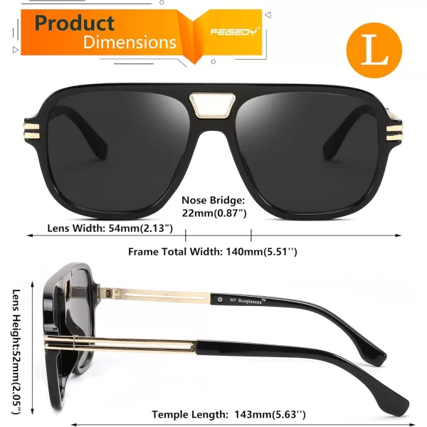 FEISEDY Retro Aviator Sunglasses for Women Men Vintage Trendy Oversized Square Shades UV400 B0106Black Frame  Grey Lens