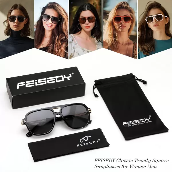 FEISEDY Retro Aviator Sunglasses for Women Men Vintage Trendy Oversized Square Shades UV400 B0106Black Frame  Grey Lens