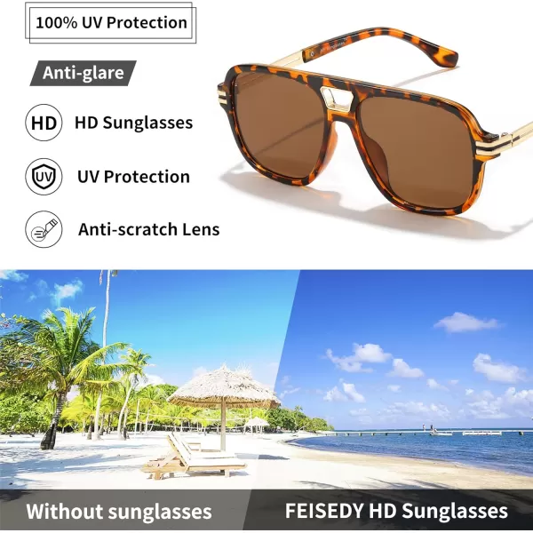 FEISEDY Retro Aviator Sunglasses for Women Men Vintage Trendy Oversized Square Shades UV400 B0106Leopard Frame  Tea Lens