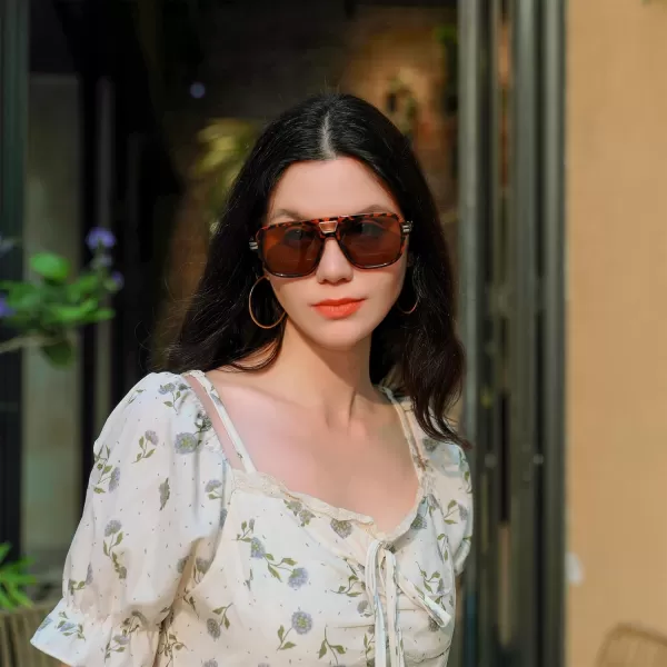 FEISEDY Retro Aviator Sunglasses for Women Men Vintage Trendy Oversized Square Shades UV400 B0106Leopard Frame  Tea Lens