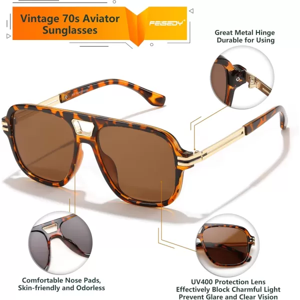 FEISEDY Retro Aviator Sunglasses for Women Men Vintage Trendy Oversized Square Shades UV400 B0106Leopard Frame  Tea Lens