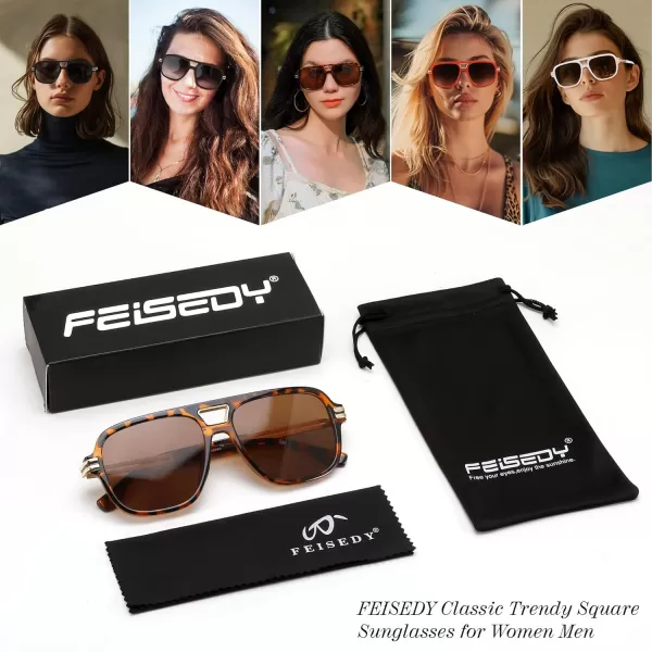 FEISEDY Retro Aviator Sunglasses for Women Men Vintage Trendy Oversized Square Shades UV400 B0106Leopard Frame  Tea Lens