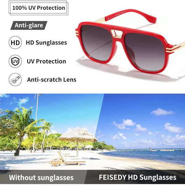 FEISEDY Retro Aviator Sunglasses for Women Men Vintage Trendy Oversized Square Shades UV400 B0106Red Frame  Gradual Grey Lens