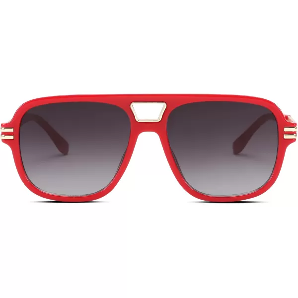 FEISEDY Retro Aviator Sunglasses for Women Men Vintage Trendy Oversized Square Shades UV400 B0106Red Frame  Gradual Grey Lens