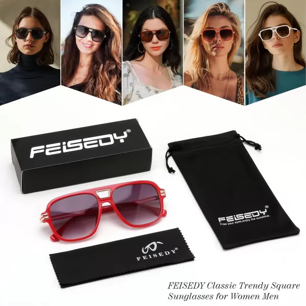 FEISEDY Retro Aviator Sunglasses for Women Men Vintage Trendy Oversized Square Shades UV400 B0106Red Frame  Gradual Grey Lens