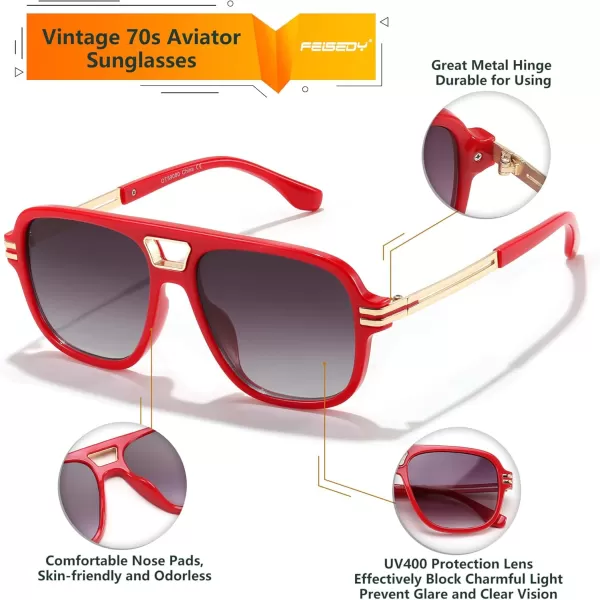 FEISEDY Retro Aviator Sunglasses for Women Men Vintage Trendy Oversized Square Shades UV400 B0106Red Frame  Gradual Grey Lens