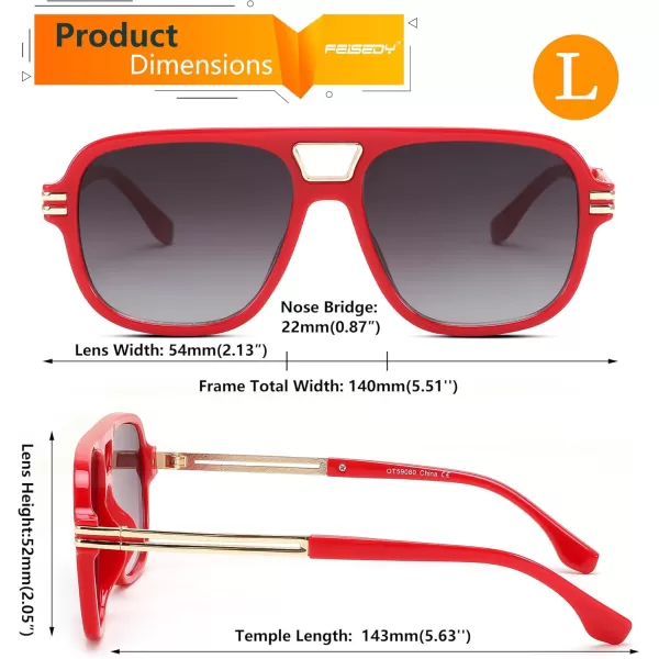 FEISEDY Retro Aviator Sunglasses for Women Men Vintage Trendy Oversized Square Shades UV400 B0106Red Frame  Gradual Grey Lens