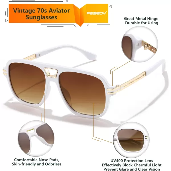 FEISEDY Retro Aviator Sunglasses for Women Men Vintage Trendy Oversized Square Shades UV400 B0106White Frame  Gradual Tea Lens