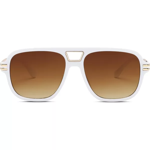 FEISEDY Retro Aviator Sunglasses for Women Men Vintage Trendy Oversized Square Shades UV400 B0106White Frame  Gradual Tea Lens