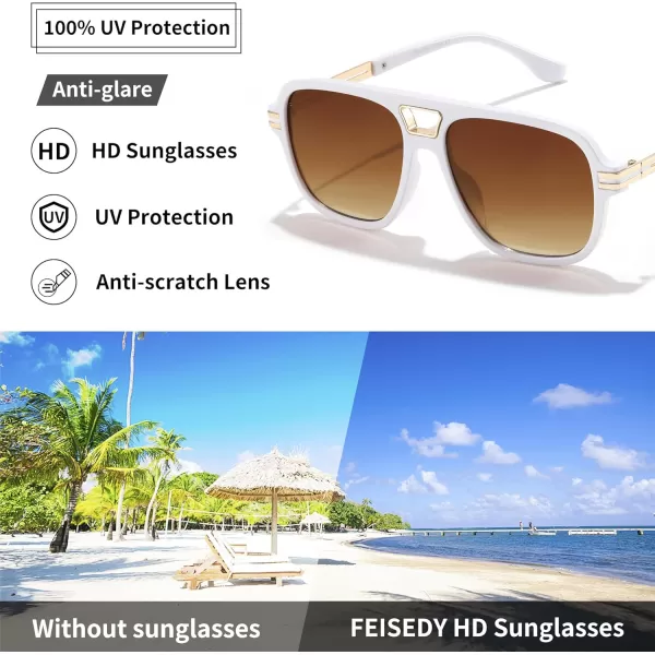 FEISEDY Retro Aviator Sunglasses for Women Men Vintage Trendy Oversized Square Shades UV400 B0106White Frame  Gradual Tea Lens