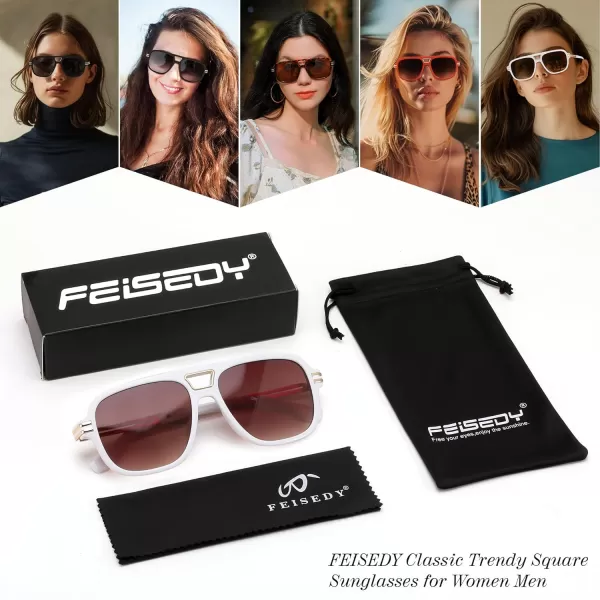FEISEDY Retro Aviator Sunglasses for Women Men Vintage Trendy Oversized Square Shades UV400 B0106White Frame  Gradual Tea Lens