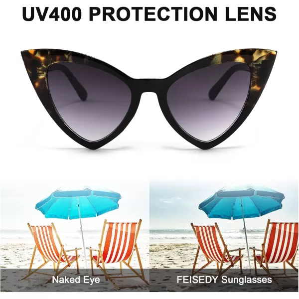 FEISEDY Retro Cat Eye Sunglasses for Women Fashion Vintage Cateye Sun Glasses B2235001 Black Leopard FrameGrey Gradient Lens